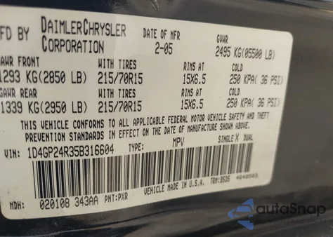 2005 Dodge Grand Caravan Se z USA, uszkodzony, nr VIN 1D4GP24R35B316604